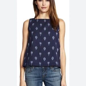 Eileen Fisher Midnight Blue Cotton Ikat Petal Sleeveless Shell Tank Top Small